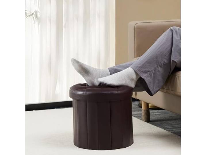 DANNMPX Sitzhocker Wohnzimmer Runder, Faltbarer Fußhocker Aus PU-Leder Mit Deckel Zusätzliche Sitzplätze(Black (Leather))