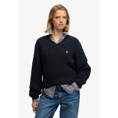 V-Ausschnitt-Pullover SUPERDRY "OVERSIZED CABLE V NECK JUMPER", Damen, Gr. L, eclipse navy, Strick, Obermaterial: 100% Baumwolle, unifarben, oversize normal, V-Ausschnitt, Bündchen, Pullover, Baumwolle, oversized Fit