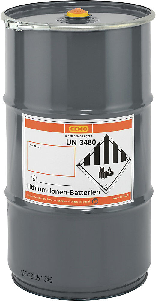 Akku-Lager- und Transport-Sicherheitsfass, Volumen 60 l, inkl. ca. 30 l Puffer-/Füllmaterial, HxØ 680 x 382 mm, ab 3 Stk CEMO