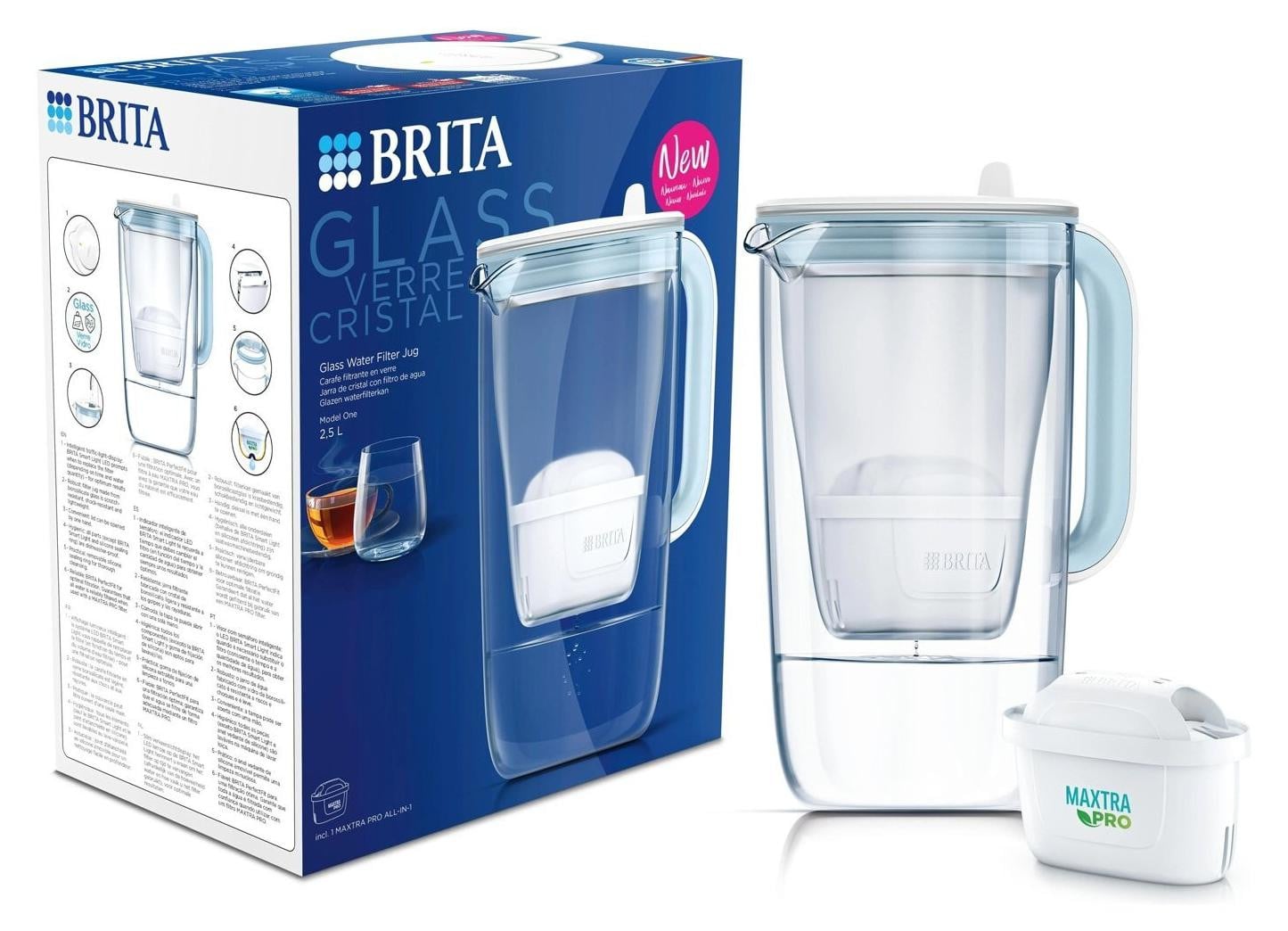 BRITA Glass Filterkan Model One Blue met 2,5 l capaciteit en 1 Maxtra Pro All-In-1 filtercartridge