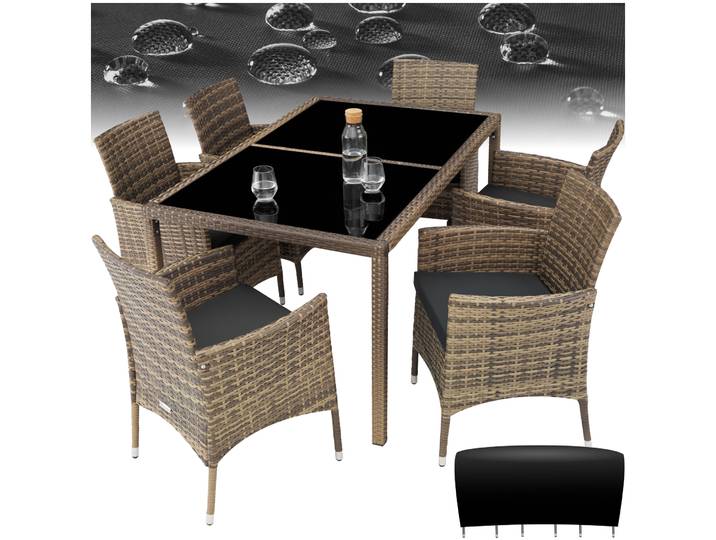 Rattan Sitzgruppe Porto 6+1 mit Schutzhülle - natur/dunkelgrau