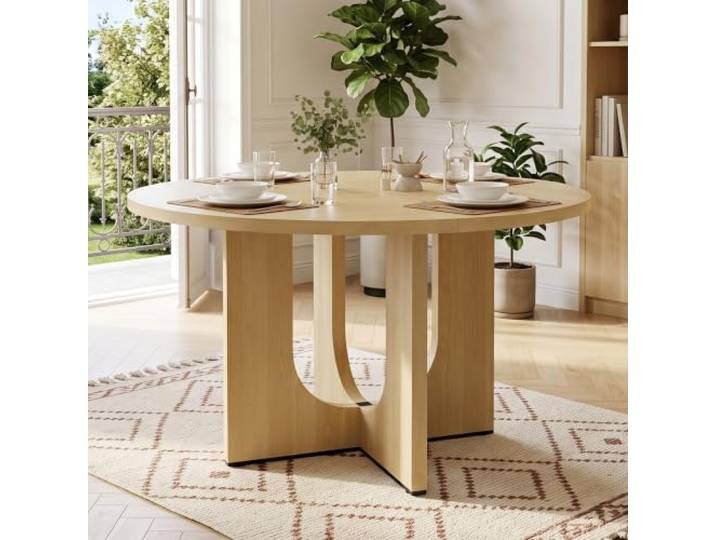 Merax Esstisch Rund 120 cm, MDF Holztisch Eichenfarbe für 4-6 Personen Runder Esstisch 120 cm in Eichenfarbe aus MDF für 4-6 Personen.Skandinavisches Design für Esszimmer, Küche und Wohnbereich