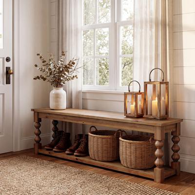 1Easylife "63"" Solid Wood Entryway Bench, 3-Seater with 2-Tier Shoe Shelf, Farmhouse Wooden Bench for Entry, Dining Room, Living Room"