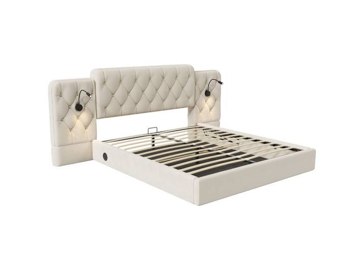 POLSTERBETT Samt Beige 160x200 cm mit LED Leseleuchten & USB-Anschluss