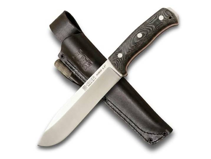 Joker Survival-Messer Nomad 6.5 CM137-P, schwarzer Micarta-Griff, 16,5 cm Klinge, schwarze Lederscheide, inklusive Feuerstein, Werkzeug für Angeln, Jagd, Camping und Wandern.