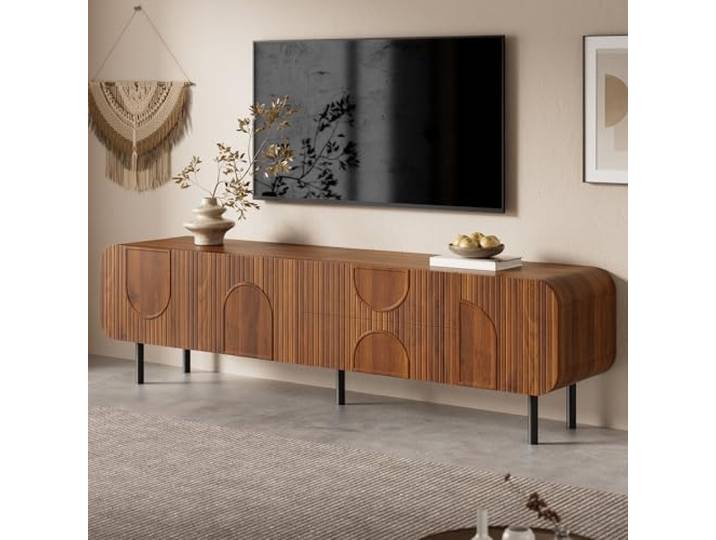 Merax TV-Schrank 180x40x47,5 cm, mit 3 Türen & 2 Schubladen, Fernsehtisch mit vertikalen Rillen, Wohnzimmerschrank mit Kabeldurchlässen & Metallbeinen, dunkle Holzfarbe