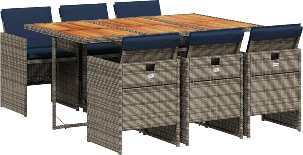 7-teiliges Garten-Ess-Set mit Kissen, grau, Polyrattan