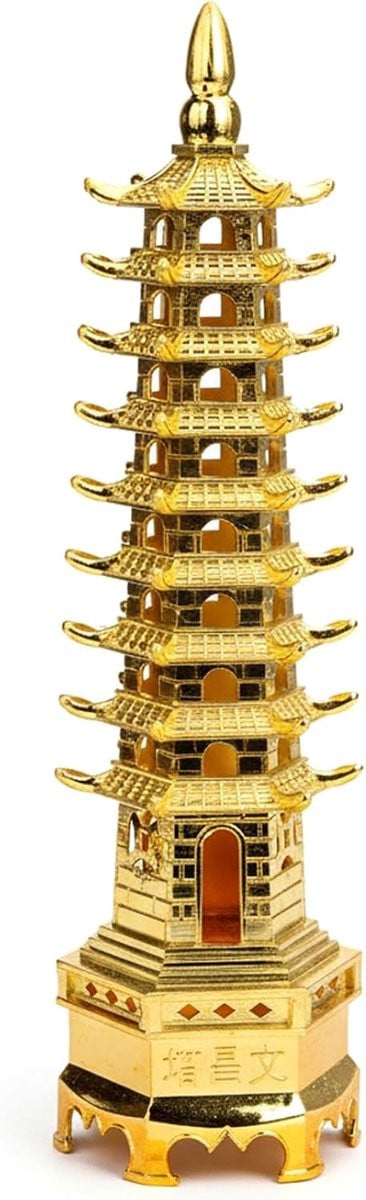 Feng Shui Pagode Standbeeld Handgemaakt Messing Goud Hoogte: 13 cm