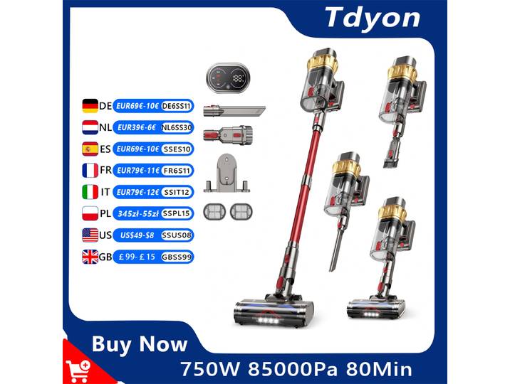 Aspirateur sans fil Tdyon 750W, aspiration ultra puissante de 85000Pa, charge rapide en 3 heures, grand réservoir à poussière de 2,8L, batterie amovible, autonomie jusqu'à 80 minutes, aspirateur à
