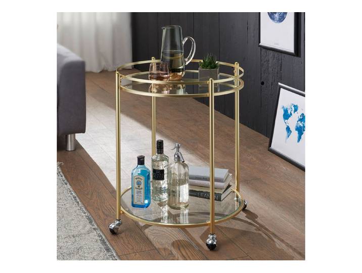 KADIMA DESIGN Servierwagen Design Servierwagen Gold Ø 57 cm Beistelltisch, Teewagen Metall mit, (Küchentrolley Modern, Rollwagen), Rollen, Küchenwagen mit Glasplatten, Barwagen Rund 75 cm hoch