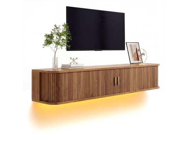 Meuble TV Suspendu 175cm Noyer Meuble TV Mural Moderne avec LED et 2 Portes Coulissantes Rainurée Verticale pour Télé 55 à 65 Pouces