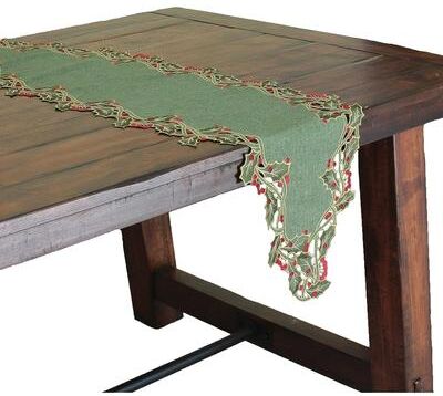 Xia Home Fashions Holiday Holly Embroidered Cutwork Table Runner, 15 by 54-Inch, Green