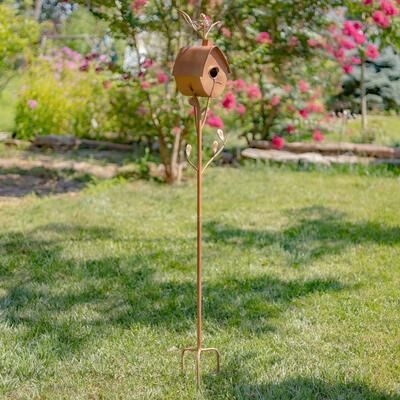 Zaer Ltd Antique Copper Finished Iron Birdhouse Stake with A-Frame Roof