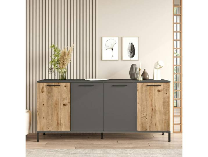 Buffet moderne 4 portes effet bois et anthracite JENA