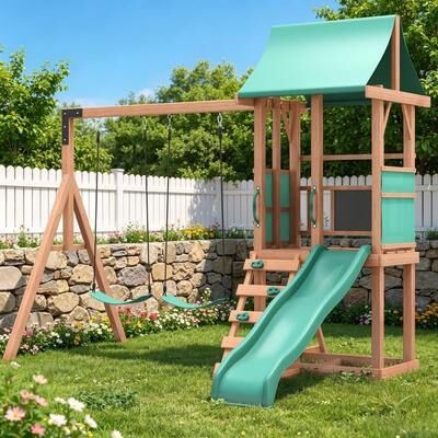 EROMMY 4‑in‑1 Outdoor Playset – Wood Swing Set with Slide, Climbing Wall & Adjustable Swings, Backyard Playground for Kids