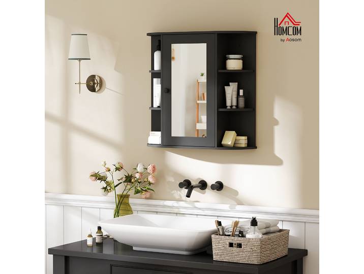 HOMCOM Armoire-Miroir Salle de Bains Bois Verre Noir 66x17x63cm
