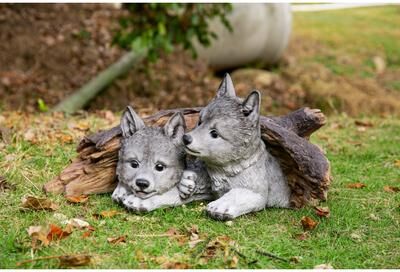 Hi-Line Gift Gray Wolf Cubs Hiding Under Log Statue