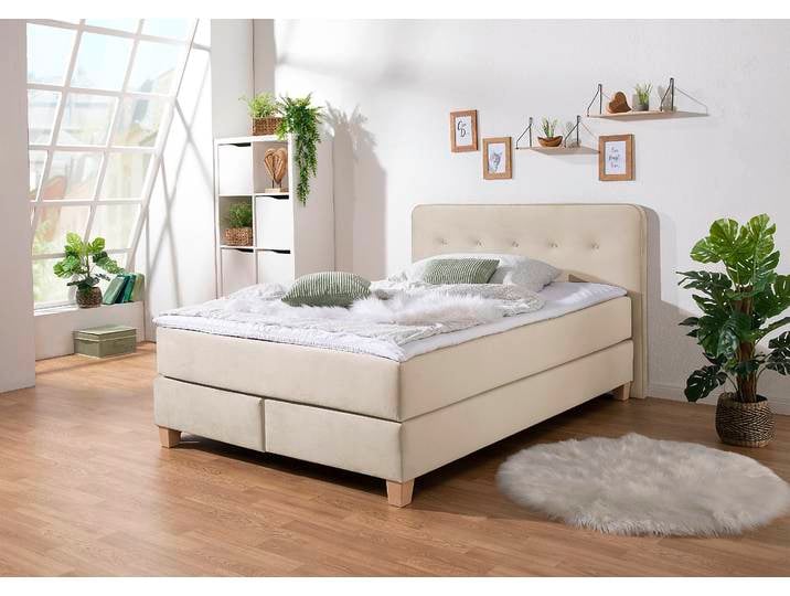 Boxspringbett, 153x207 cm, Strukturstoff, Beige, Inkl. Topper, Klassisch, Home-affaire