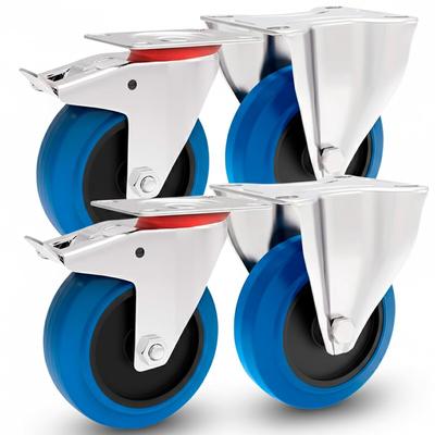 PRIOstahl Transportrollen 100mm Rollensatz 2 Bockrollen + 2 Lenkrollen mit Bremse Blau Schwerlast