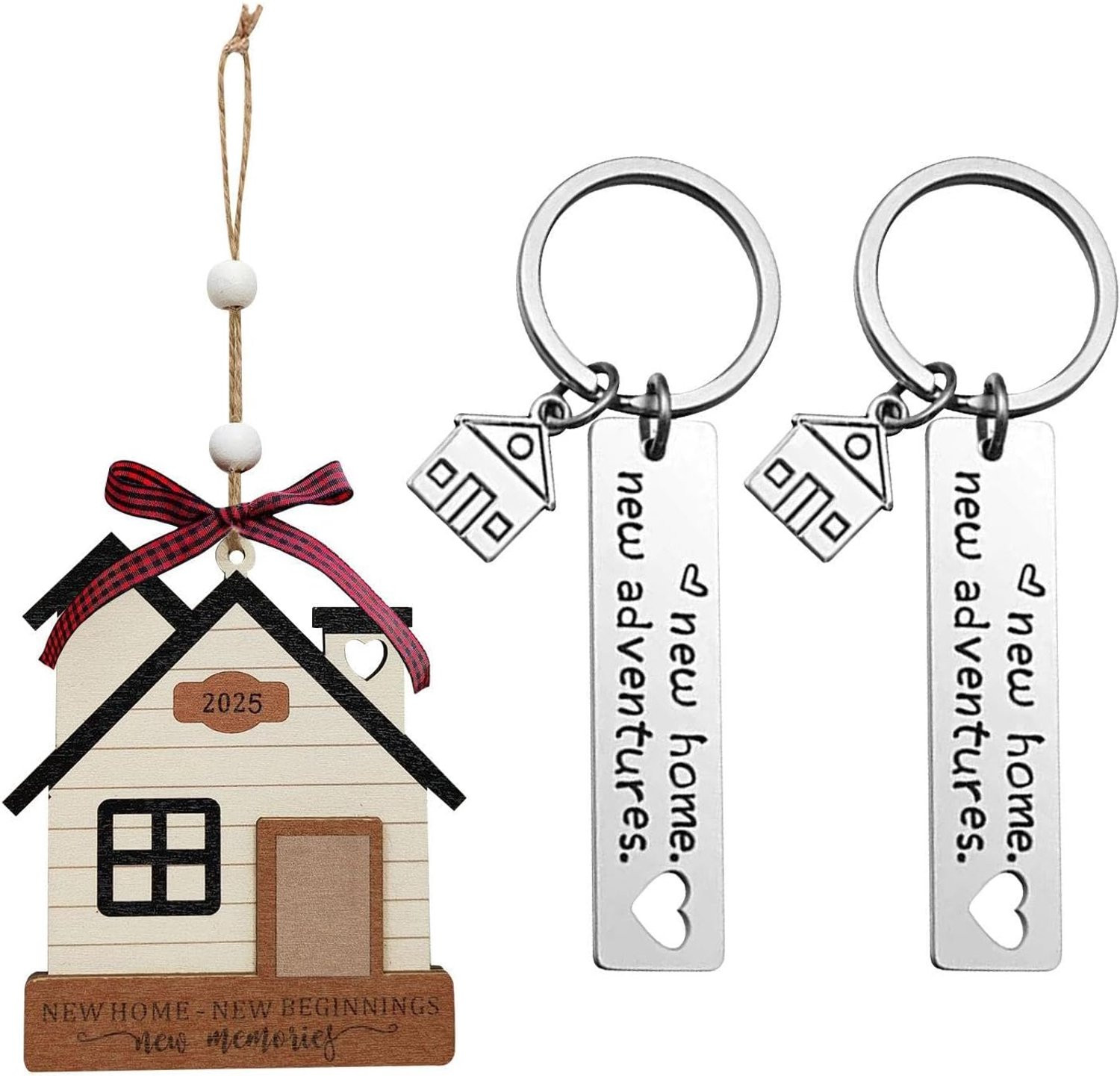 Set van 1 houten New Home hangende decoratie en 2 New Home sleutelhangers voor als housewarming cadeau