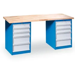 Werkbank GD mit 2 Werkzeugkästen, Buche-Leimholzplatte, 10 Schubladen, 2000 x 800 x 850 mm, blau
