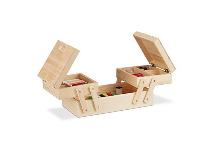 Relaxdays Boîte à Couture en Bois\, 5 Compartiments\, dépliante\, Vide\, poignées\, Aspect Naturel\, 12 x 26 x 15\,5 cm\, Nature