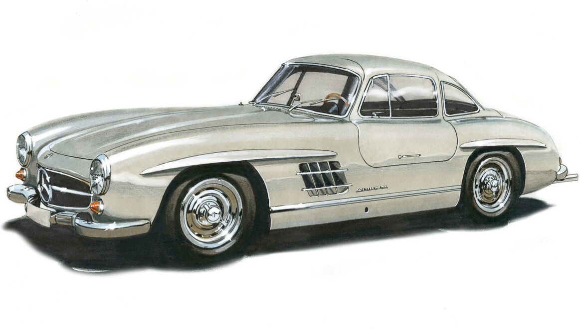 Fototapete PAPERMOON "MB300SL GULLWING 1954 -VINTAGE AUTO ILLUSTRATION RETRO", bunt, B:4m L:2,6m, Vlies, Tapeten, Fototapete bunt B/L: 4m x 2,6m, Bahnen: 8 Stk.