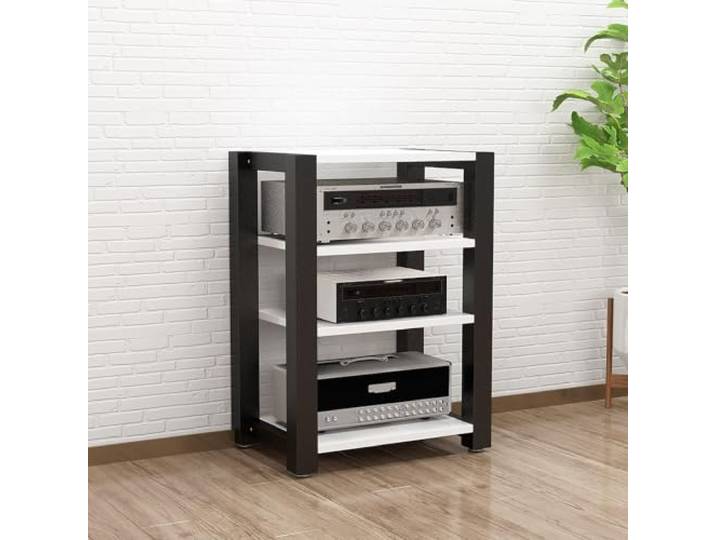 Verstellbares AV Rack 2/3/4/5 Ebenen, Verstärkerständer aus Stahl und Holz Verstellbare Fachböden, AV Geräte Rack, Verstärkerständer, Audio Rack, Stahl-Holz-Konstruktion, Mehrstufige Ablage