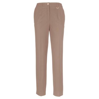 Stoffhose GOLDNER "Bügelfaltenhose mit Teildehnbund", Damen, Gr. 42, N-Gr, beige, Obermaterial: 63% Polyester PES. 34% Viskose CV. 3% Elasthan EL., normal, Hosen Stoffhose, Dekoelement an der Gürtelschlaufe