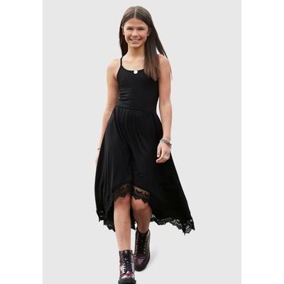 Jerseykleid KIDSWORLD "- Spaghettikleide aus Viskose", Mädchen, Gr. 164/170, N-Gr, schwarz, Jersey, Obermaterial: 95% Viskose, 5% Elasthan. Spitze: 100% Baumwolle, unifarben, ausgestellt knieumspielend, Rundhals, Kleider Jerseykleid, luftiges...