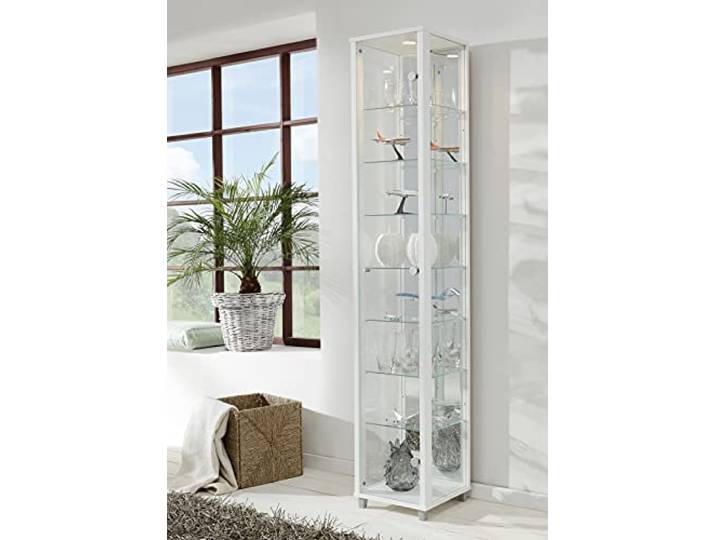 VR-Wohnwelten Glasvitrine (172x32x33 cm) in Weiss mit 7 Glasböden, Spiegel und LED - Modellauto Vitrine Weiß - Vitrinenschrank Weiss - Sammlervitrine Weiß - Wohnzimmerschrank Regal Wand Schrank
