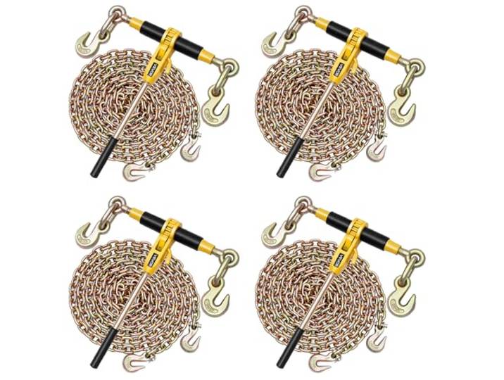 VEVOR Tendeur à Cliquet avec Chaîne d'Arrimage G80 10 mm x 6\,1 m\, Lot de 4\, Charge de Tendeur 4173 kg\, Attaches de Chaîne de Transport\, pour Sécuriser les Charges\, Transport\, Remorque Camion à Plateau