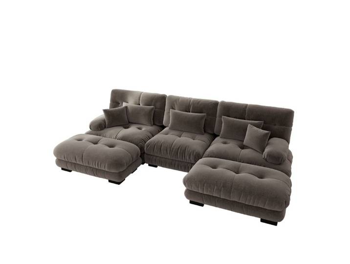 Covreo Canape modulable U en chenille brun avec ottoman mobile pour salon et bureau