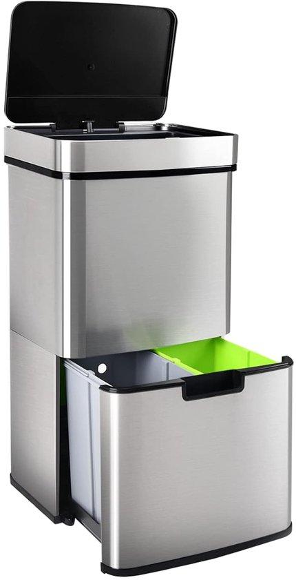 Automatische 3-Compartimenten Prullenbak mit Sensor, Vuilscheidingsystem, Zachtschließer, Klemring für Metallmüllsäcke, 62 Liter Fassungsvermögen.