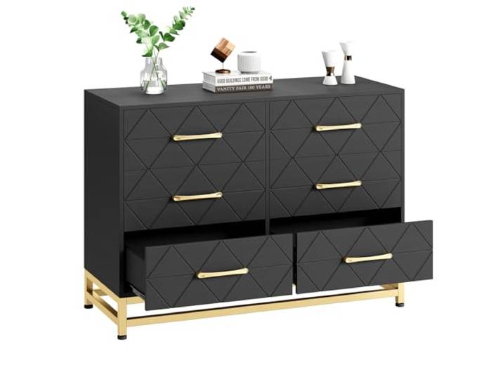 GarveeHome Kommode 6 Schubladen Holz Schwarz TV-Ständer Schlafzimmer Moderner Look, geräumiger Stauraum, vielseitig nutzbar, Kinderzimmer, Flur
