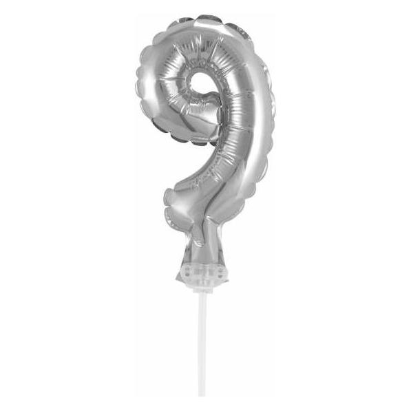 Idena Folienballon Zahl 9 am Stab 13cm silber (1x) (22658375)
