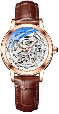 Youfap Market Luxury Women Automatic Mechanical Watch, Waterproof Stainless Steel, Ladies Skeleton Wrist Watch brown Rosegold