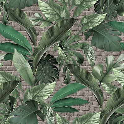 Galerie Wallcoverings The Loft Collection Tropical Leaf Brick 3-Panel Wall Mural