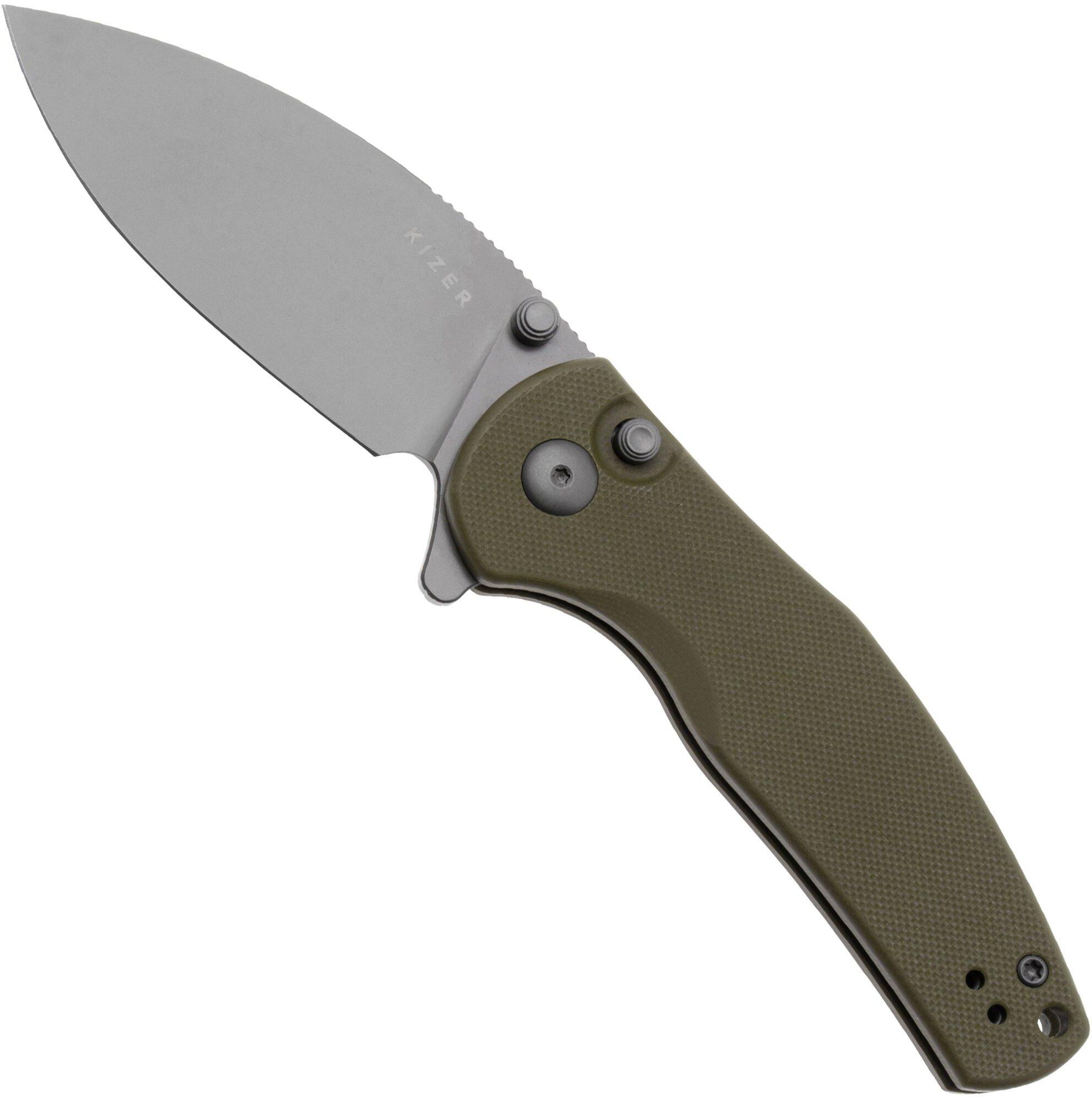 Kizer Vanguard Mini Grouper V3669A3 Grey D2, Olive Green G10, coltello da tasca, Azo design