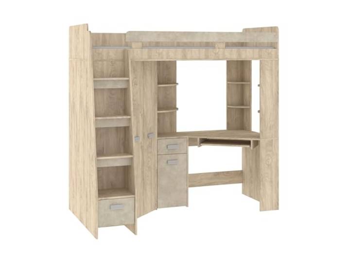 FurnitureByJDM Hochbett mit Schreibtisch, Schubladen, Regalen Kleiderschrank - 80x200 cm Bettgröße - Linksseitige Treppe – ANTRESOLA (Eiche Endgrain / Granada Mandel)