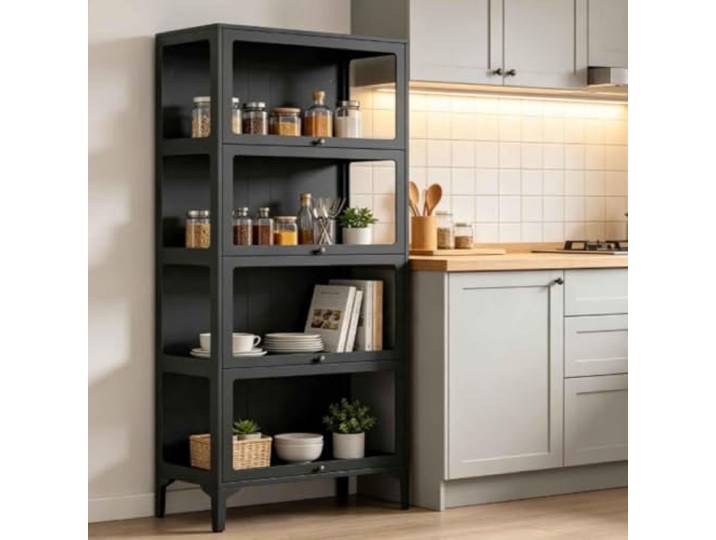Gavoir Vitrinenschrank Glas Schwarz Modern Für Die Küche Wohnzimmer 4-Lagen Glasvitrine Stehend Vitrinenschrank 32x78x165cm Sammlervitrine Vitrine