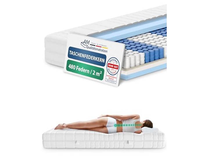 AM Qualitätsmatratzen 7 Zonen Taschenfederkernmatratze 105x190cm H4 - Made in Germany - Ergonomische Federkernmatratze 105x190 mit waschbarem Bezug - Oeko TEX zertifizierte Matratze 105x190 20cm hoch