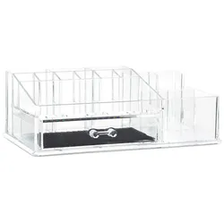 Relaxdays Make Up Organizer mit Schublade, Kosmetik Aufbewahrung für Schminke & Schmuck, Lippenstifthalter, transparent
