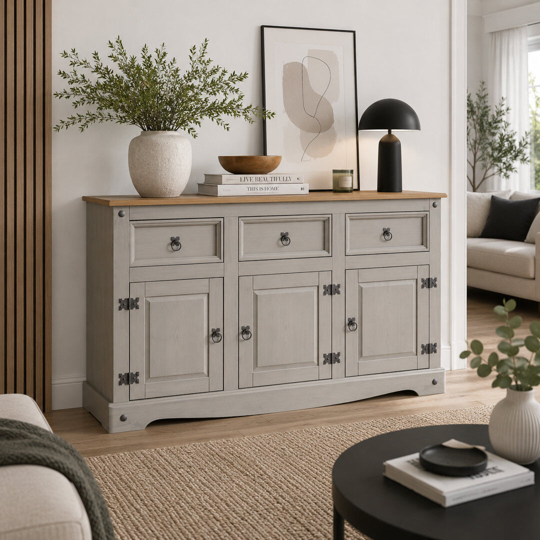 17 Stories Corona Sideboard Grey 3 Door 3 Drawer Solid Wood Pine Cupboard Gray 76cm H X 125cm W X 40cm D