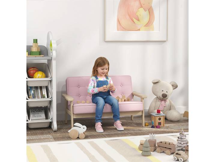 AIYAPLAY Fauteuil Enfant Velours Rose Cadre Bois Rembourré