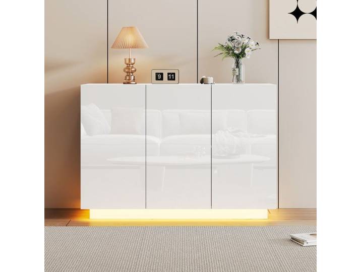 Buffet bas - ZEVKOR - 120x40x75 cm - 3 portes - Étagères réglables - Éclairage LED intégré
