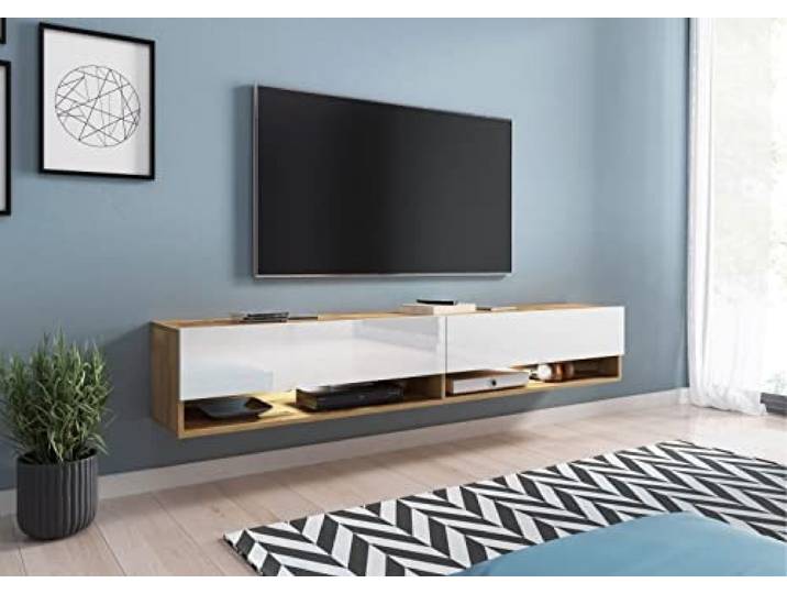 MINIO go for it - Lowboard TV-Schrank 100x30x33cm, Türen und Regalen LED Offene Nischen Laminierte Spannplatte Praktisch und Funktionell Wotan Eiche und Weiß Hochglanz
