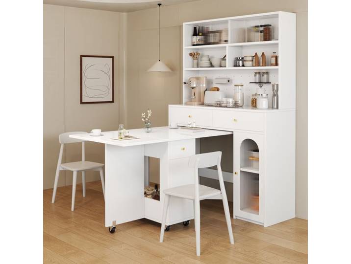 Buffet Haut de Cuisine avec 2 Tiroirs Étagère Réglable Plan de Travail et Crochets Blanc 120×45×180 cm - UVRION