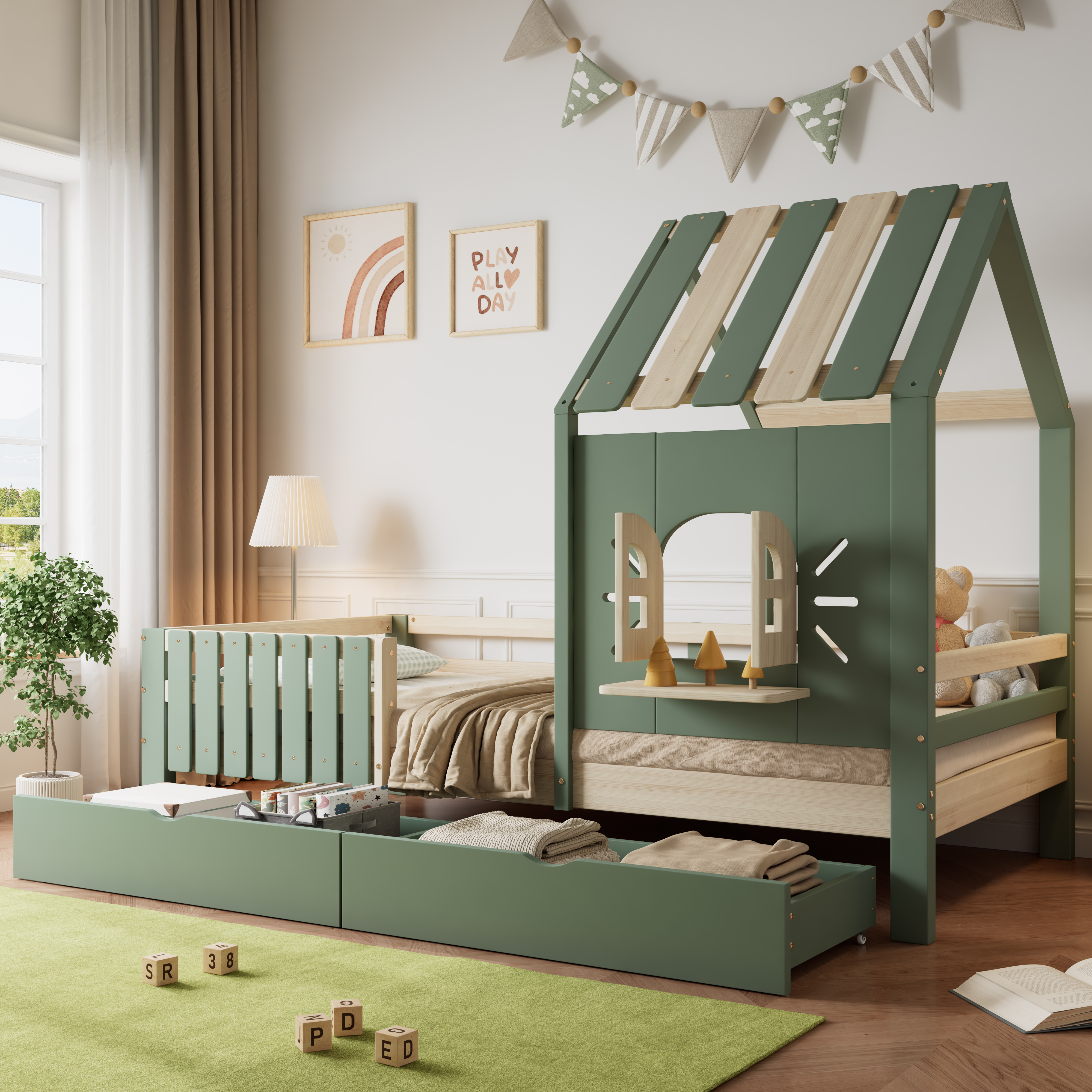 MODFU Kinderbett,90x200cm,Hausbett Design,mit Dach&Fenster&Schubladen,Stauraumbett,ohne Matratze,Grün+Natur