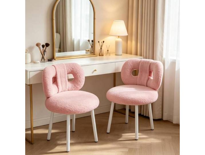 Lot de 2 Chaises Maquillage Structure Métallique Stable - Chaises de Coiffeuse Moderne - Chaises de Salle à Manger en Tissu - Rose